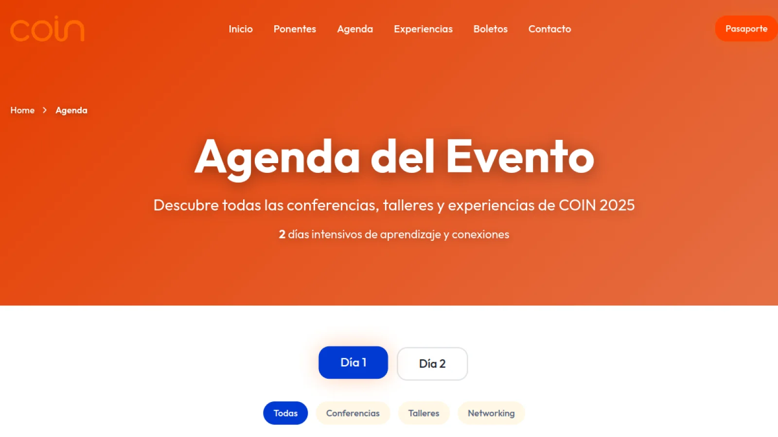 Vista pública de la agenda de COIN EAFIT 2025 con filtros por día y tipo de actividad.