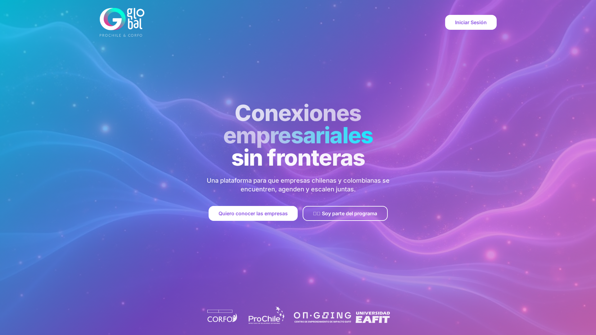 Portada pública de GoGlobal con degradados azules y violetas y el mensaje de conexiones empresariales entre Chile y Colombia.