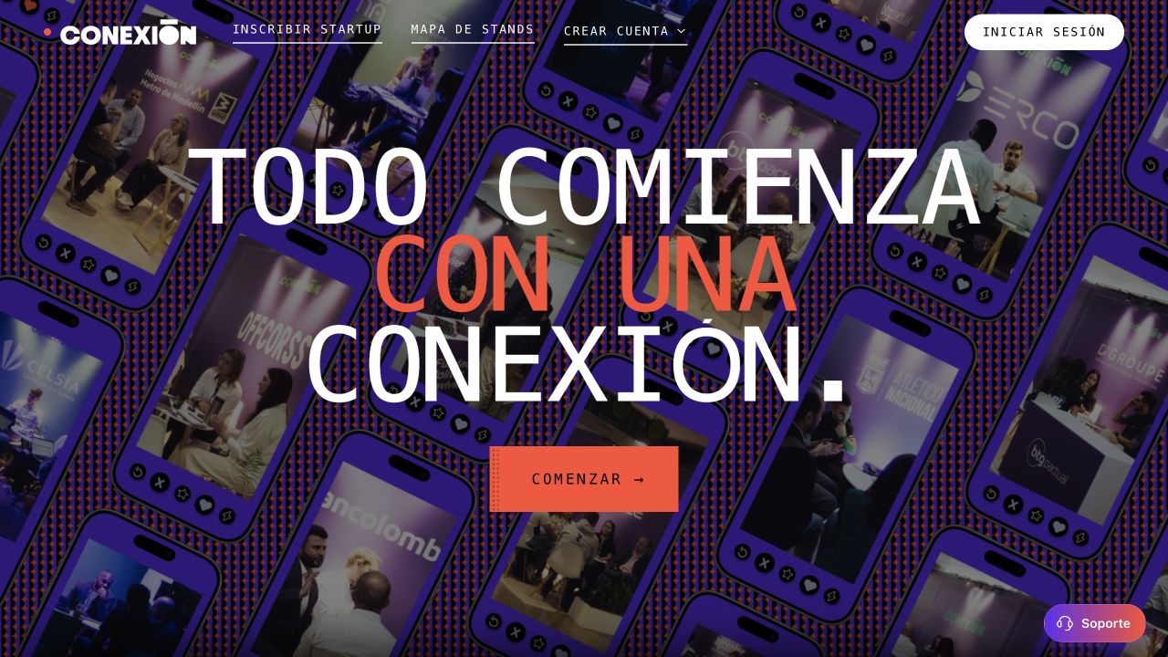 Portada pública de Conexión Summit con un mosaico de teléfonos que muestran escenas del evento y el mensaje «Todo comienza con una conexión».