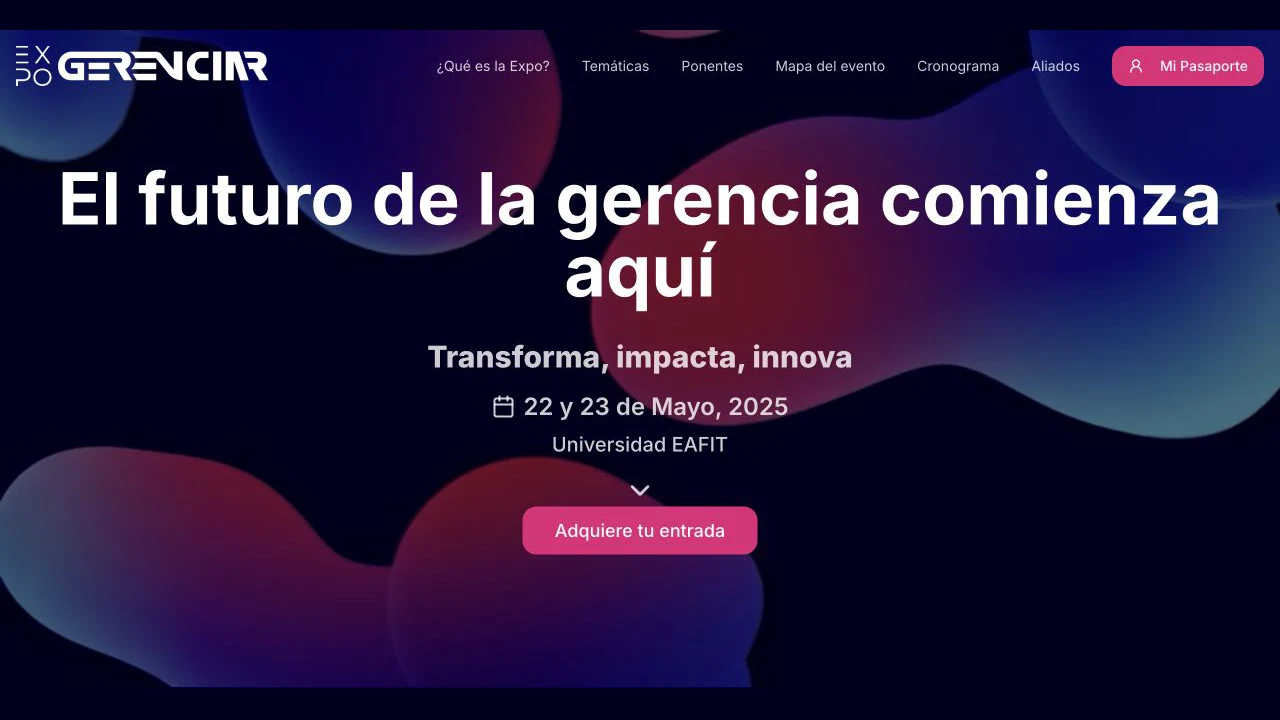 Portada pública de ExpoGerenciar 2025 con acceso al pasaporte, agenda, ponentes y mapa del evento.