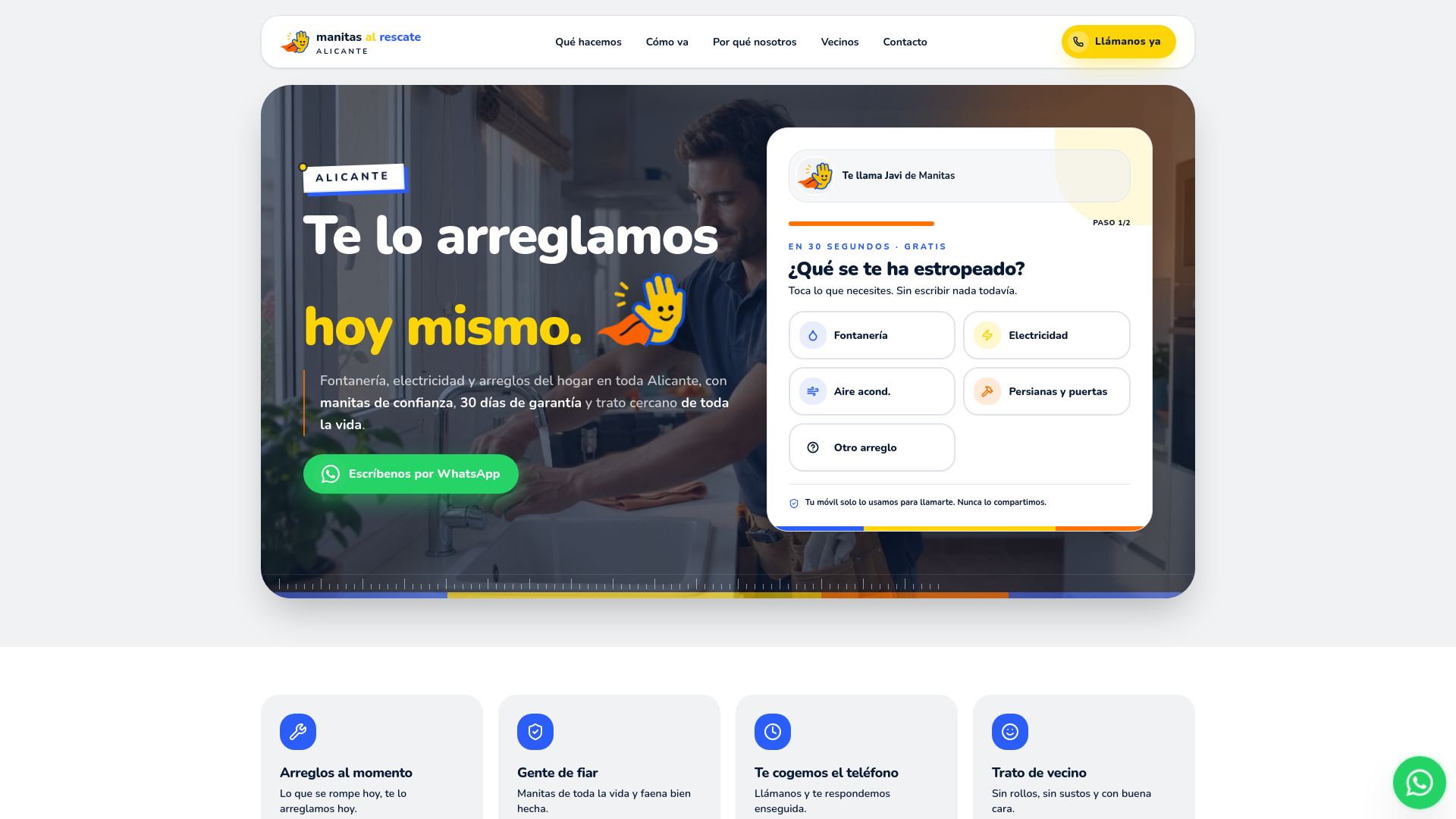 Página pública de Manitas al Rescate Alicante con su formulario de solicitud por tipo de arreglo.
