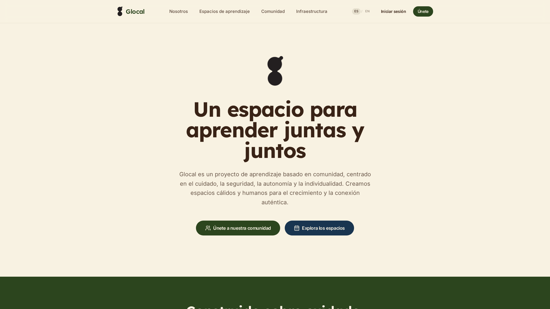 Portada pública de Glocal sobre fondo crema, con el mensaje de un espacio para aprender en comunidad.