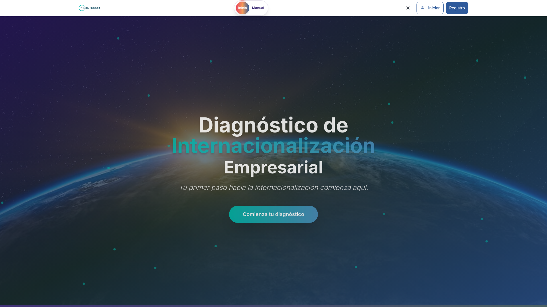 Portada pública del diagnóstico de internacionalización empresarial, con la Tierra vista desde el espacio y el botón para comenzar el diagnóstico.