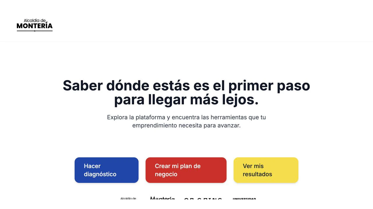 Portada pública de Montería Emprende con accesos a diagnóstico, plan de negocio y resultados.