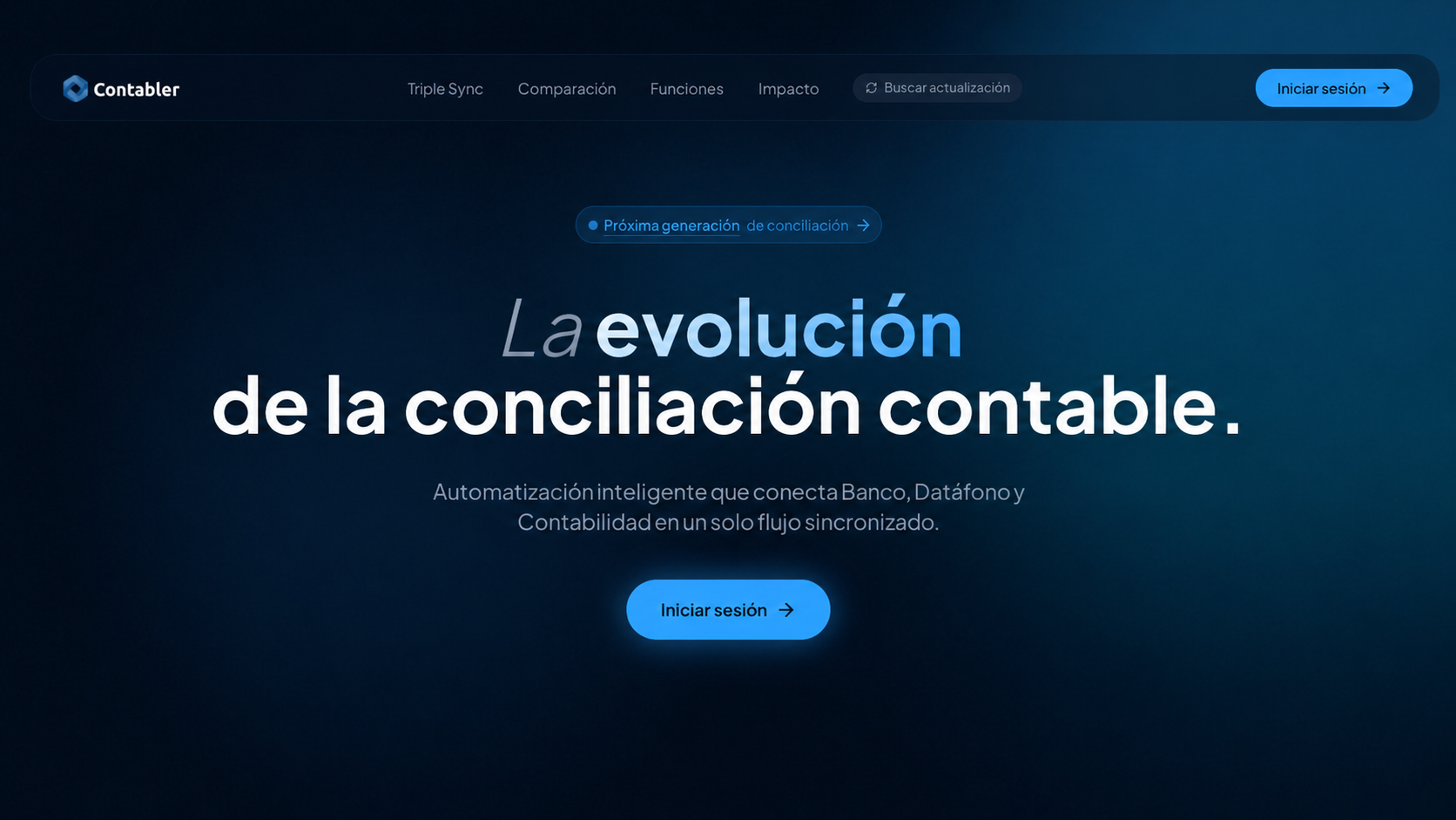 Portada pública de Contabler sobre fondo azul profundo, con el mensaje de conciliación contable automatizada entre banco, datáfono y contabilidad.