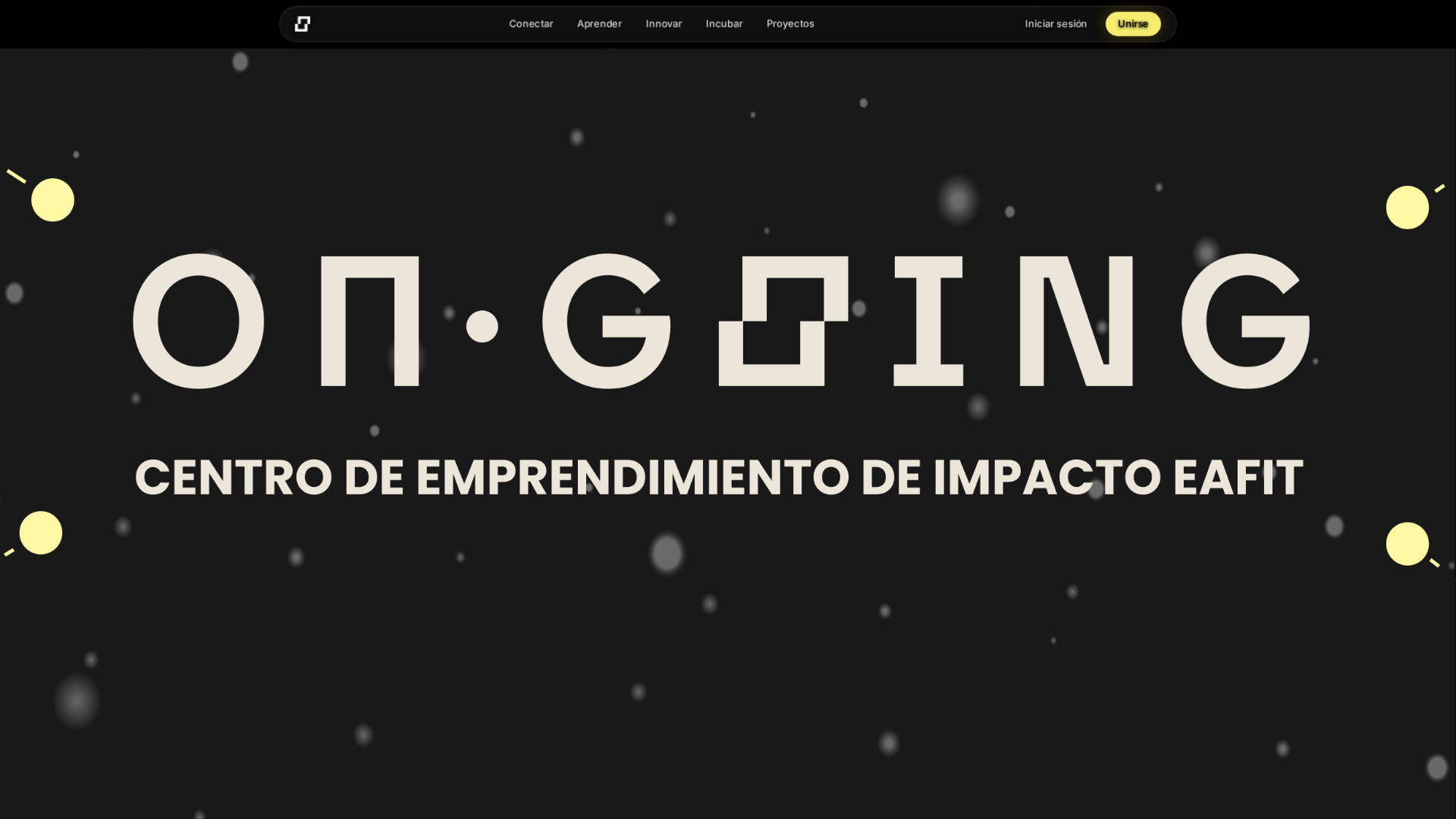 Portada pública de On.going EAFIT: el logotipo del centro de emprendimiento de impacto sobre un fondo oscuro con partículas.